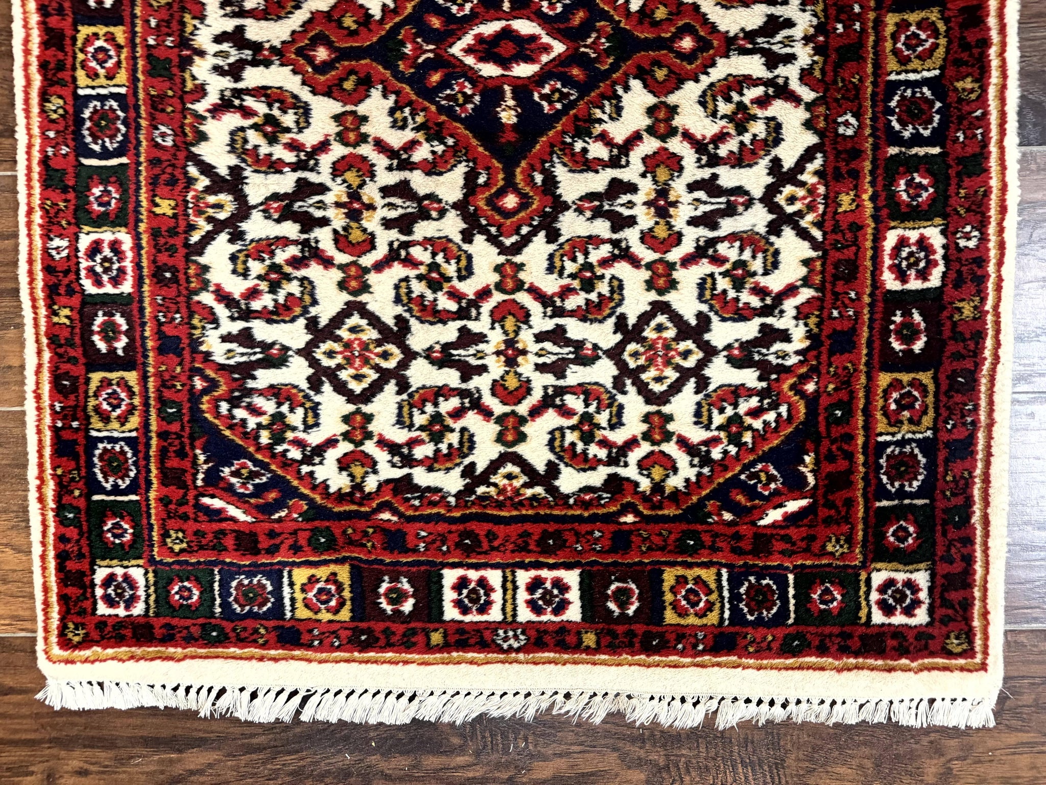 Indo Persian Bidjar Runner Rug 2.8 x 10, Vintage Rug for Hallway, 10ft Runner, Wool Handmade Ivory and Red, Medallions by Jewel Rugs