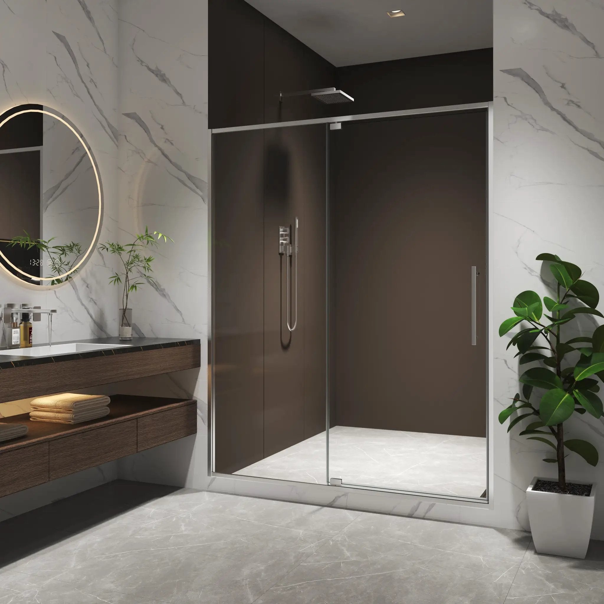 50-54"W x 74"H Pivot Shower Door with 5/16" Tempered Glass - Brushed Nickel Finish by HouseOfZazla