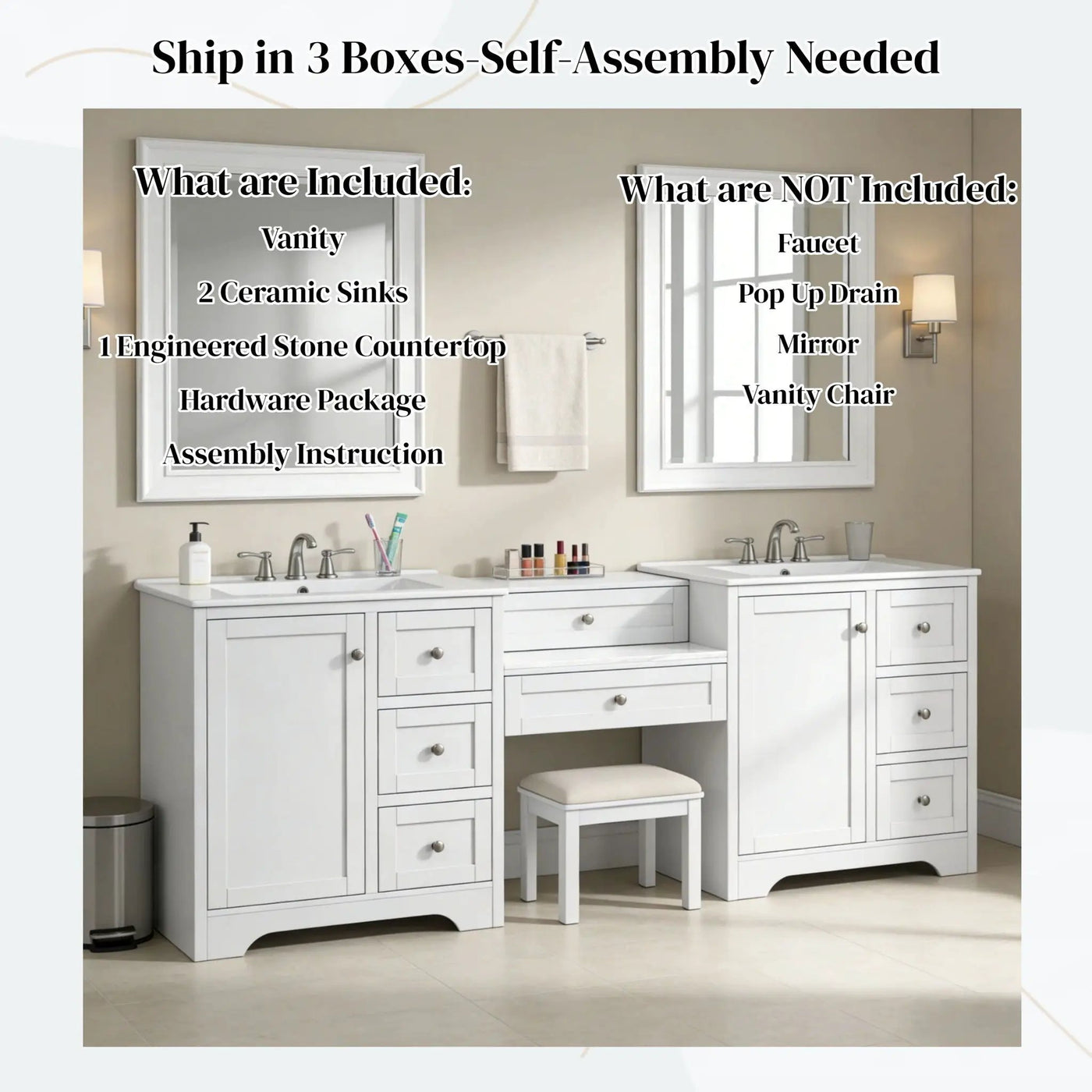 Double Sink Bathroom Vanity With Countertop, 2 Ceramic Sinks, 6 Drawers by HouseOfZazla
