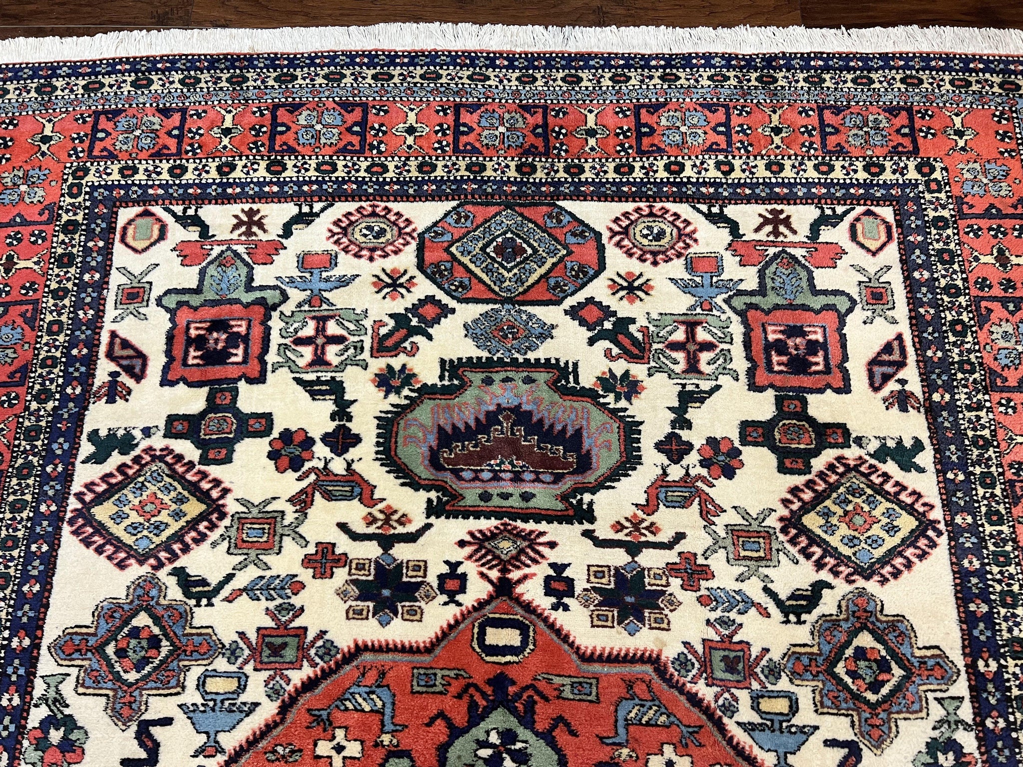 Persian Tribal Rug 8x11, Persian Ardabil Rug, Geometric Medallion Animal Pictorial Rug, Ivory Red Blue, Hand Knotted Vintage Wool Carpet by Jewel Rugs