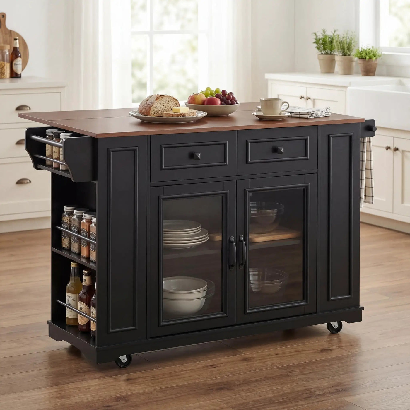 54" Mobile Kitchen Island with Glass Door Storage, Power Outlet & Rolling Cart by HouseOfZazla