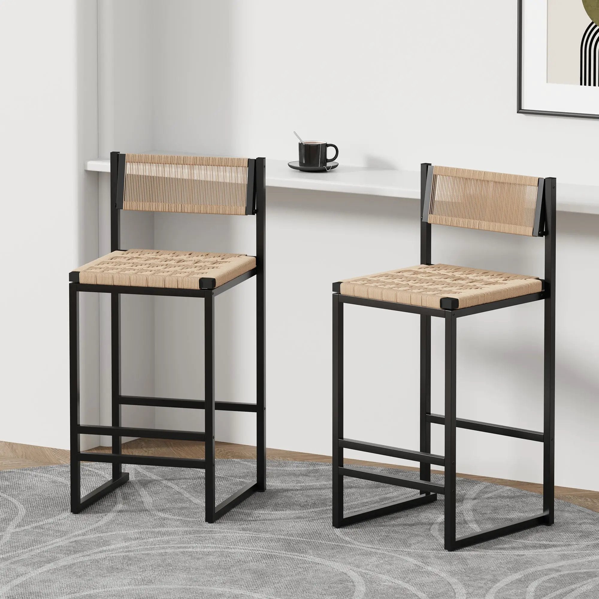 Kitchen Bar Stools with Footrest Set of 2 Paper Rope Weave Dining Chairs by HouseOfZazla