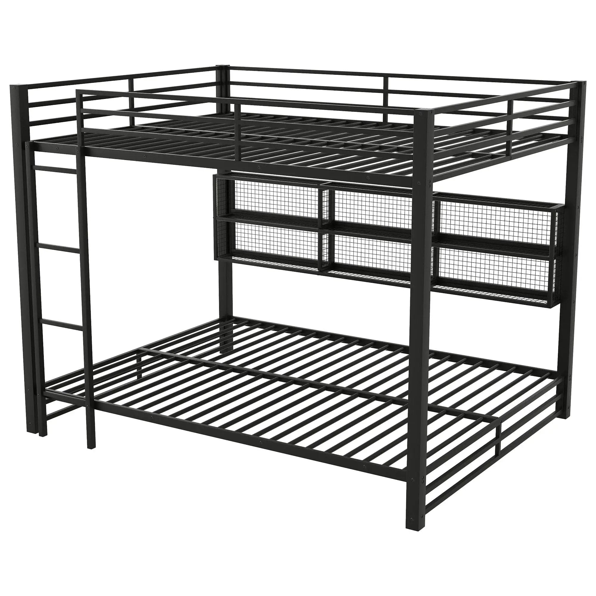 Queen Over Queen Bunk Bed With Storage Cabinets And LED Sturdy Frame, 6 Storage Units, Adjustable LED Lights - Black by HouseOfZazla