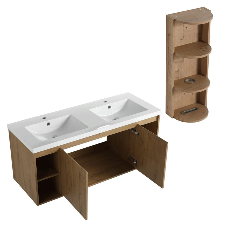 Modern 48" Wall Mounted Bathroom Vanity With Double Resin Sink And Storage Rack Soft Close Doors - Imitative Oak by HouseOfZazla