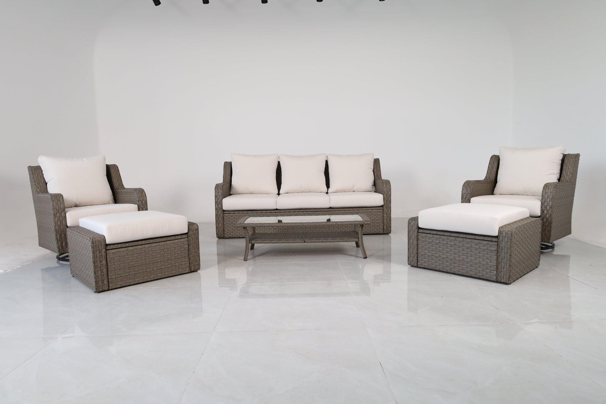 Luxury Rattan Patio Conversation Set – Includes 2 Swivel Chairs, Sofa, Coffee Table, And 2 Ottomans With Premium by HouseOfZazla
