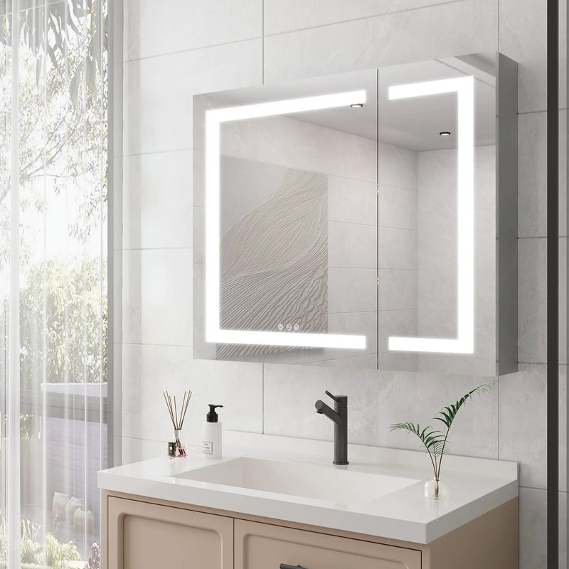 36" X 30" Medicine Cabinet With LED Vanity Mirror, Anti-Fog Recessed Or Surface Mount Bathroom Double Door Large Storage 3000K~6000K Bright Lighted Aluminum Storage Cabinet With Touch Switch - Silver by HouseOfZazla