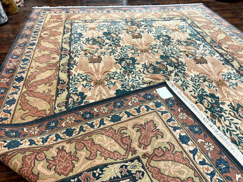 10x13 Wool Rug, Floral Pattern, Birds, Handmade Vintage Carpet, Couristan Rug, Beige by Jewel Rugs