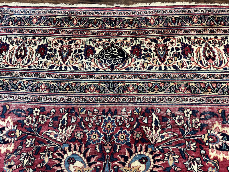 Antique Persian Mashad Rug 10x12, Red and Ivory, Signed by Master Weaver by Jewel Rugs