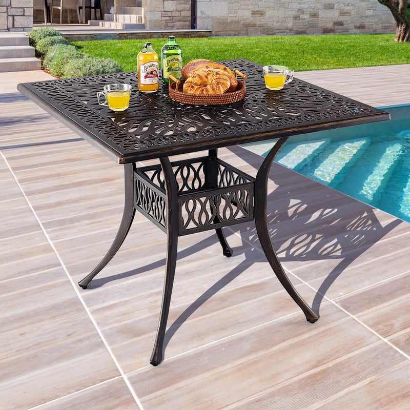 35.4 Inch Aluminum Patio Square Dining Table with Umbrella Hole-Bronze by DirectDeals