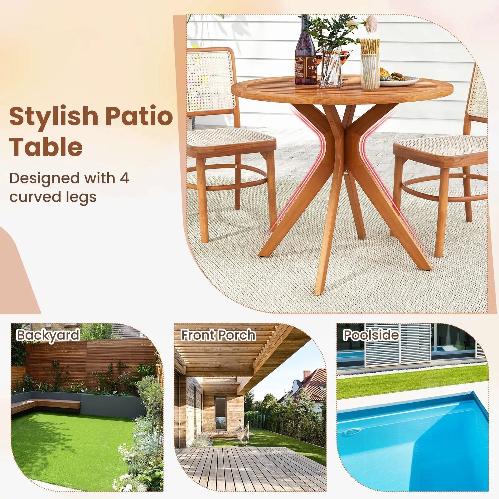 35.5 Inch Patio Wood Dining Table with Slatted Tabletop and Curved Legs by DirectDeals