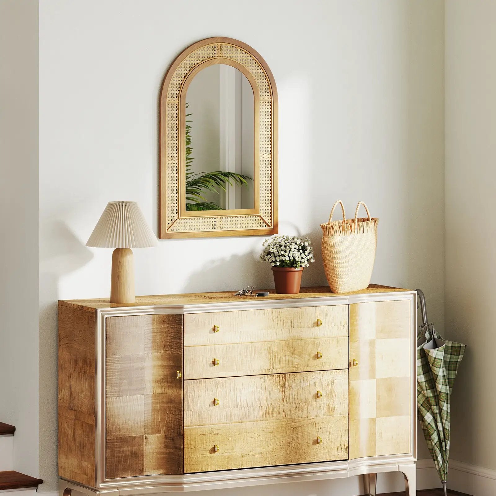 35.5 Inches x 23.5 Inches Rattan Wall Mounted Decorative Mirror with Wooden Frame-Natural by DirectDeals