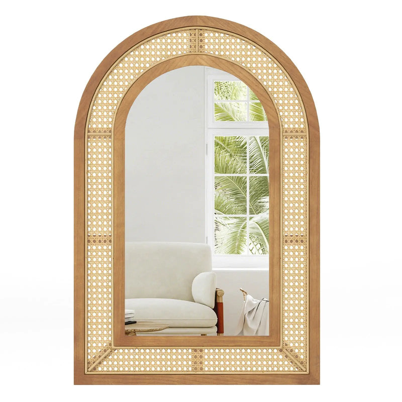 35.5 Inches x 23.5 Inches Rattan Wall Mounted Decorative Mirror with Wooden Frame-Natural by DirectDeals