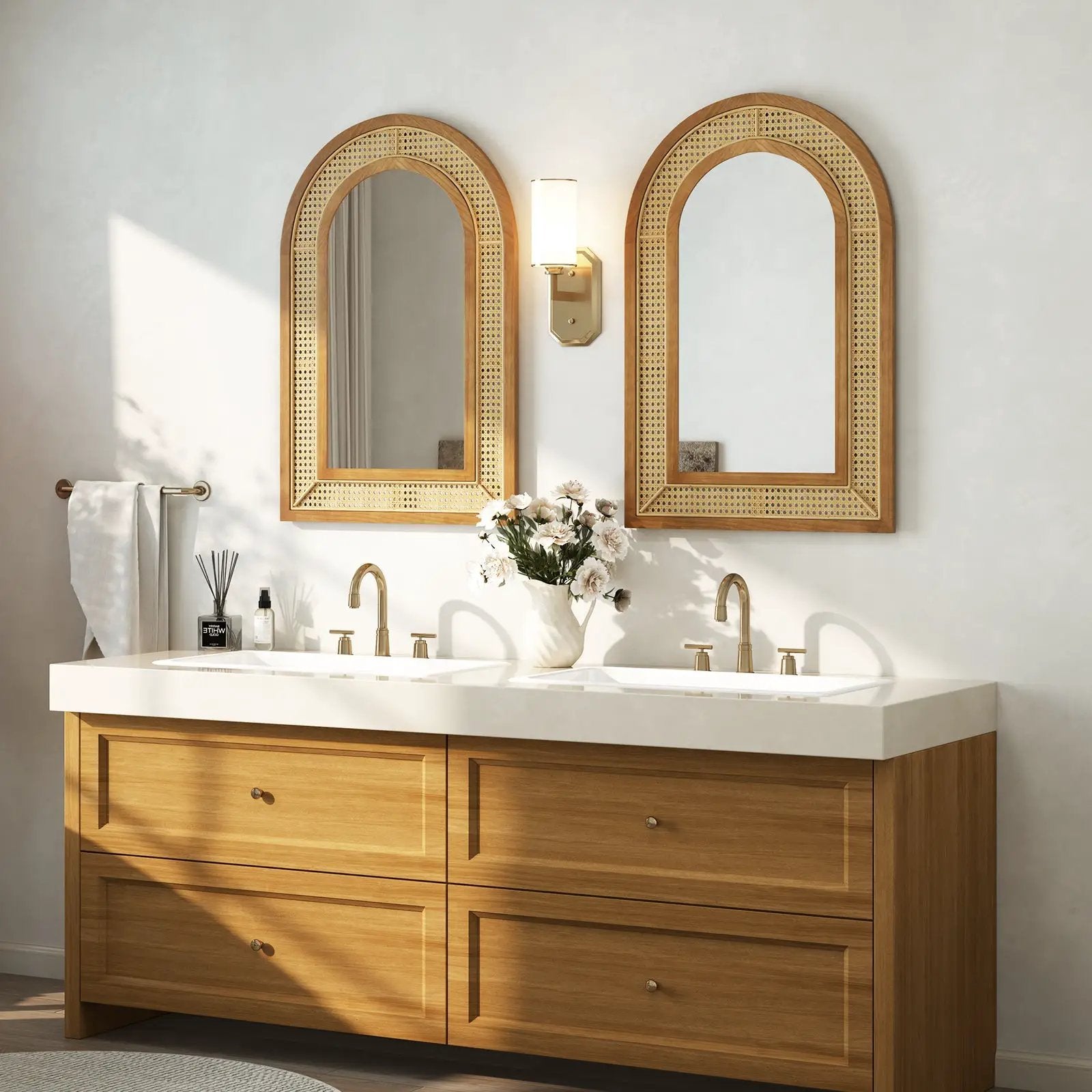 35.5 Inches x 23.5 Inches Rattan Wall Mounted Decorative Mirror with Wooden Frame-Natural by DirectDeals
