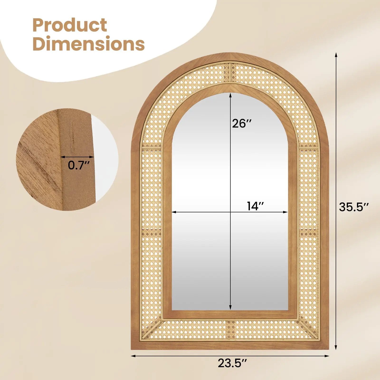 35.5 Inches x 23.5 Inches Rattan Wall Mounted Decorative Mirror with Wooden Frame-Natural by DirectDeals