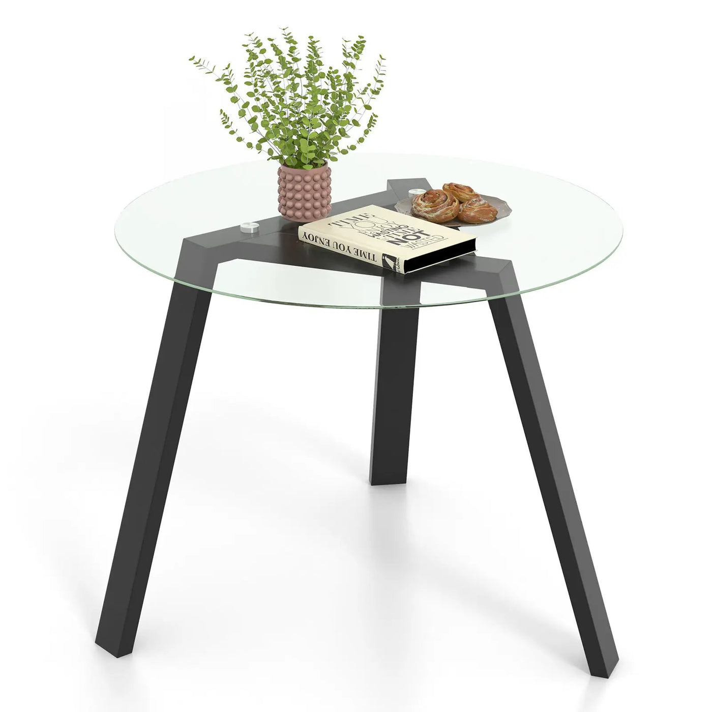 36 Inches Round Glass Dining Table for 4 with Rubber Wood Frame by DirectDeals