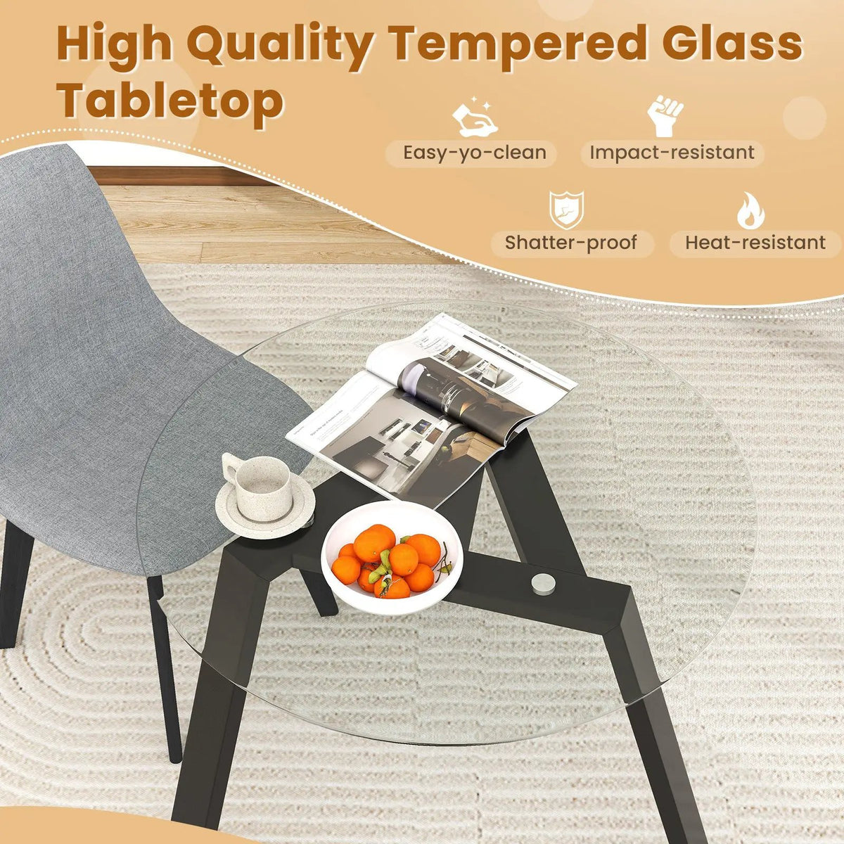 36 Inches Round Glass Dining Table for 4 with Rubber Wood Frame by DirectDeals