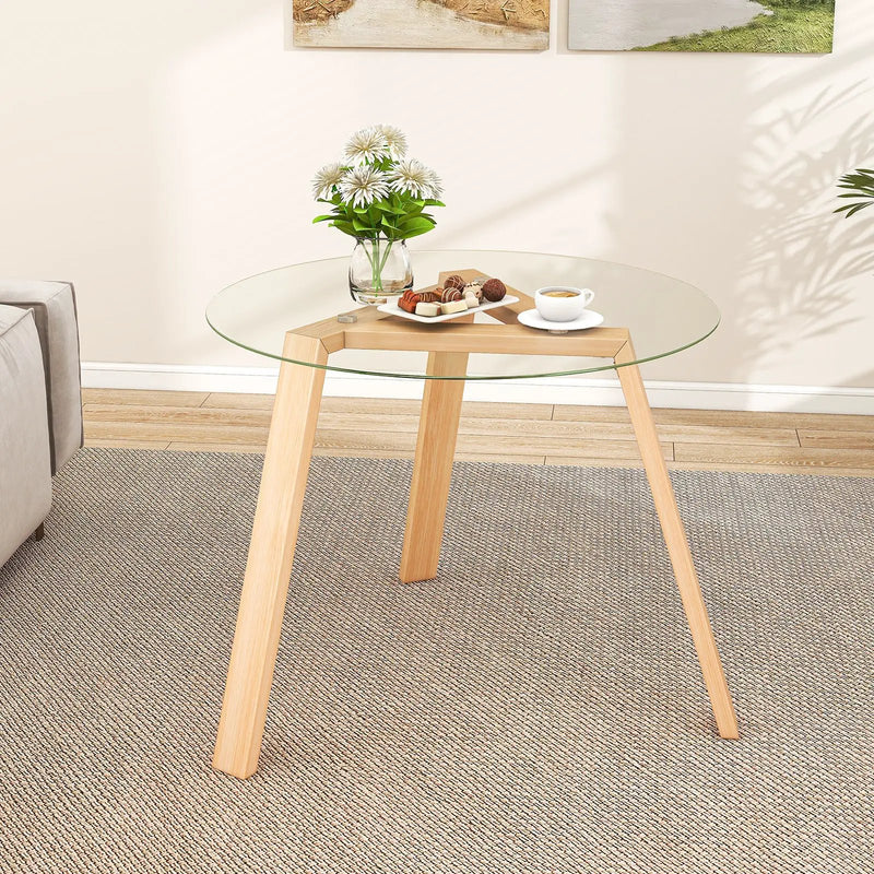 36 Inches Round Glass Dining Table for 4 with Rubber Wood Frame by DirectDeals