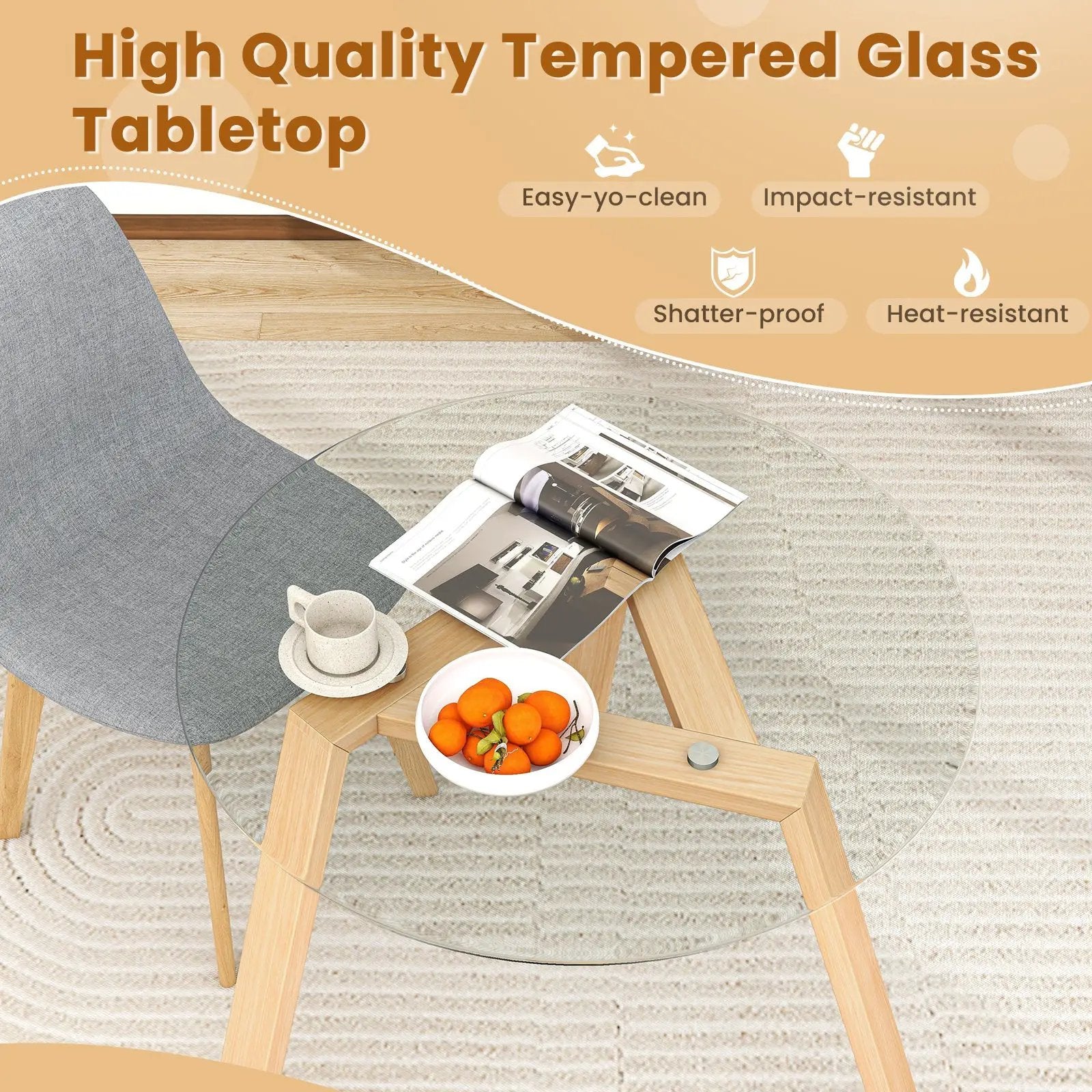36 Inches Round Glass Dining Table for 4 with Rubber Wood Frame by DirectDeals