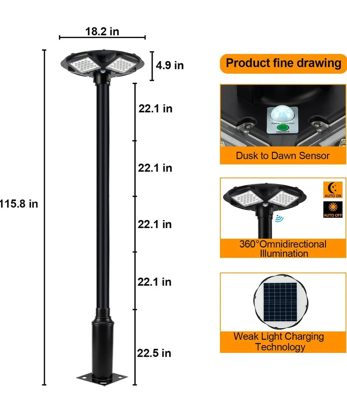 3500W Commercial Solar Round 360° Wide Angle Pole Outdoor Lamp Post Light with 98 inch Pole IP67 Waterproof With Remote by Outdoor Solar Outlet
