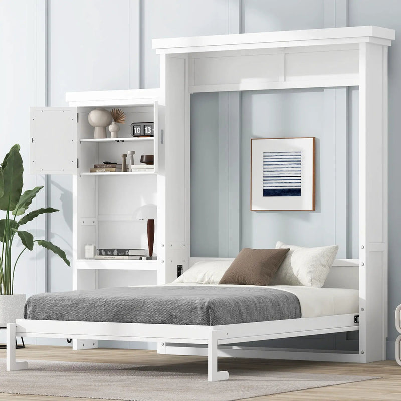 Queen Size Murphy Bed With Louvered Design And Multiple Storage Shelves - White by HouseOfZazla
