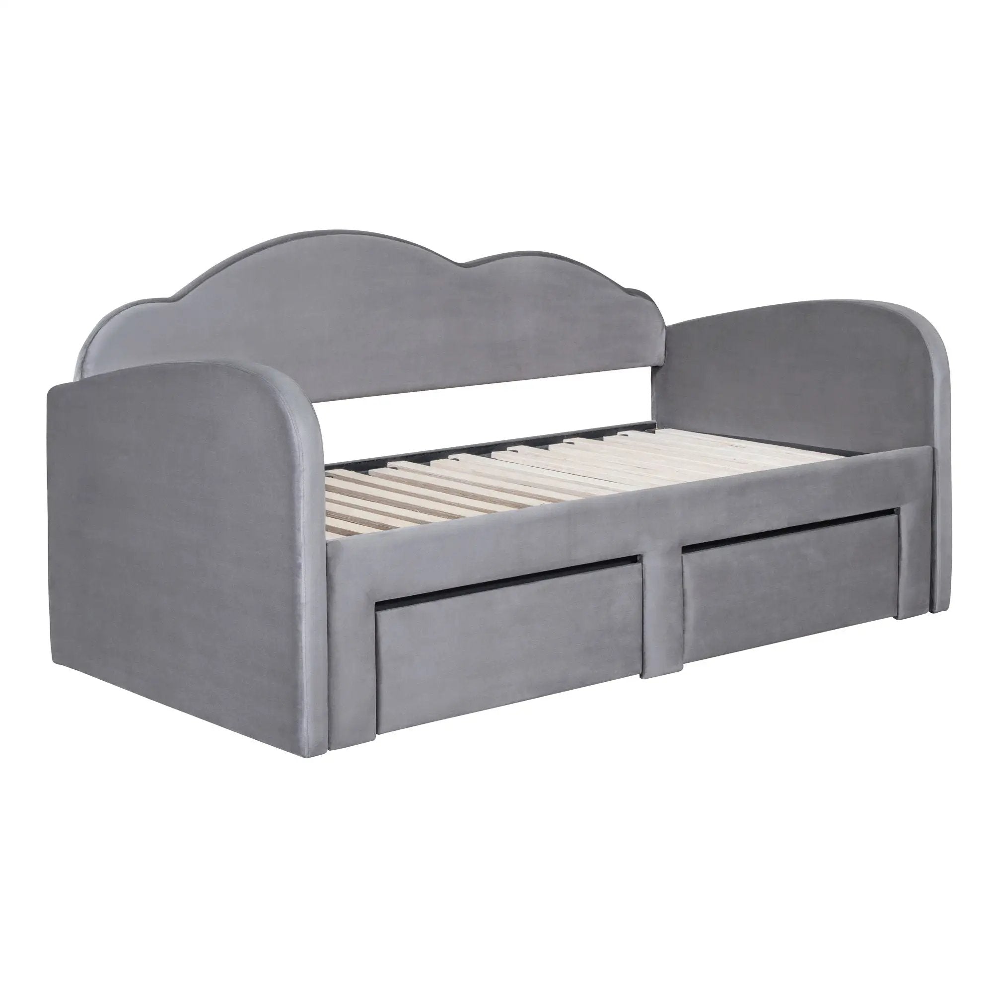 Upholstered Daybed With Cloud-Shaped Backrest, Trundle & 2 Drawers And USB Ports by HouseOfZazla