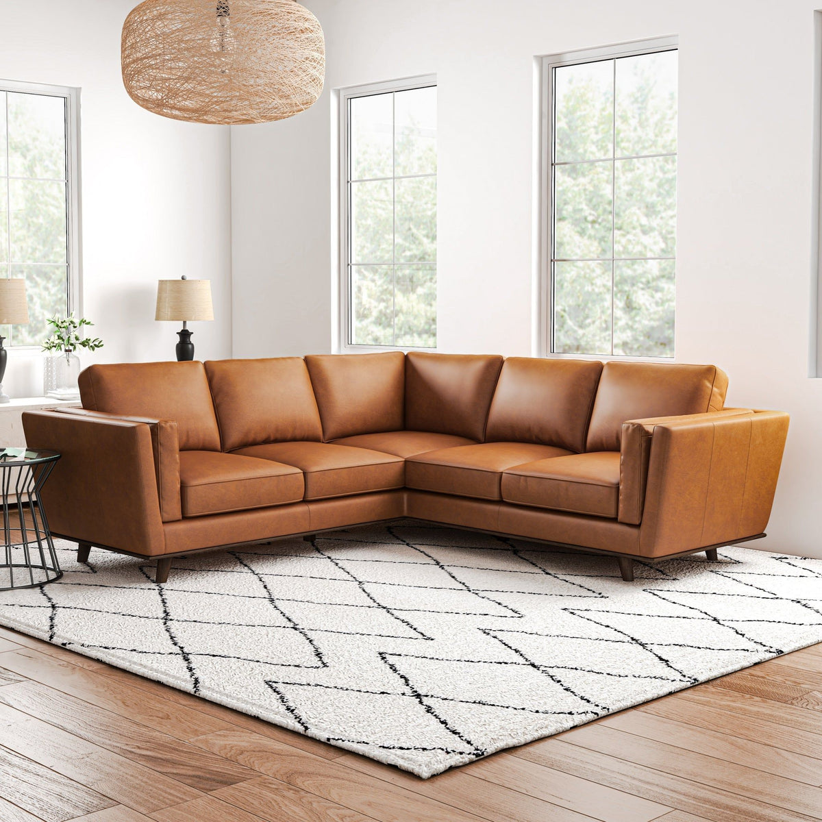 Tan Leather Corner Sectional Sofa with Eucalyptus Wood Frame - Tan, photo 3 of 10