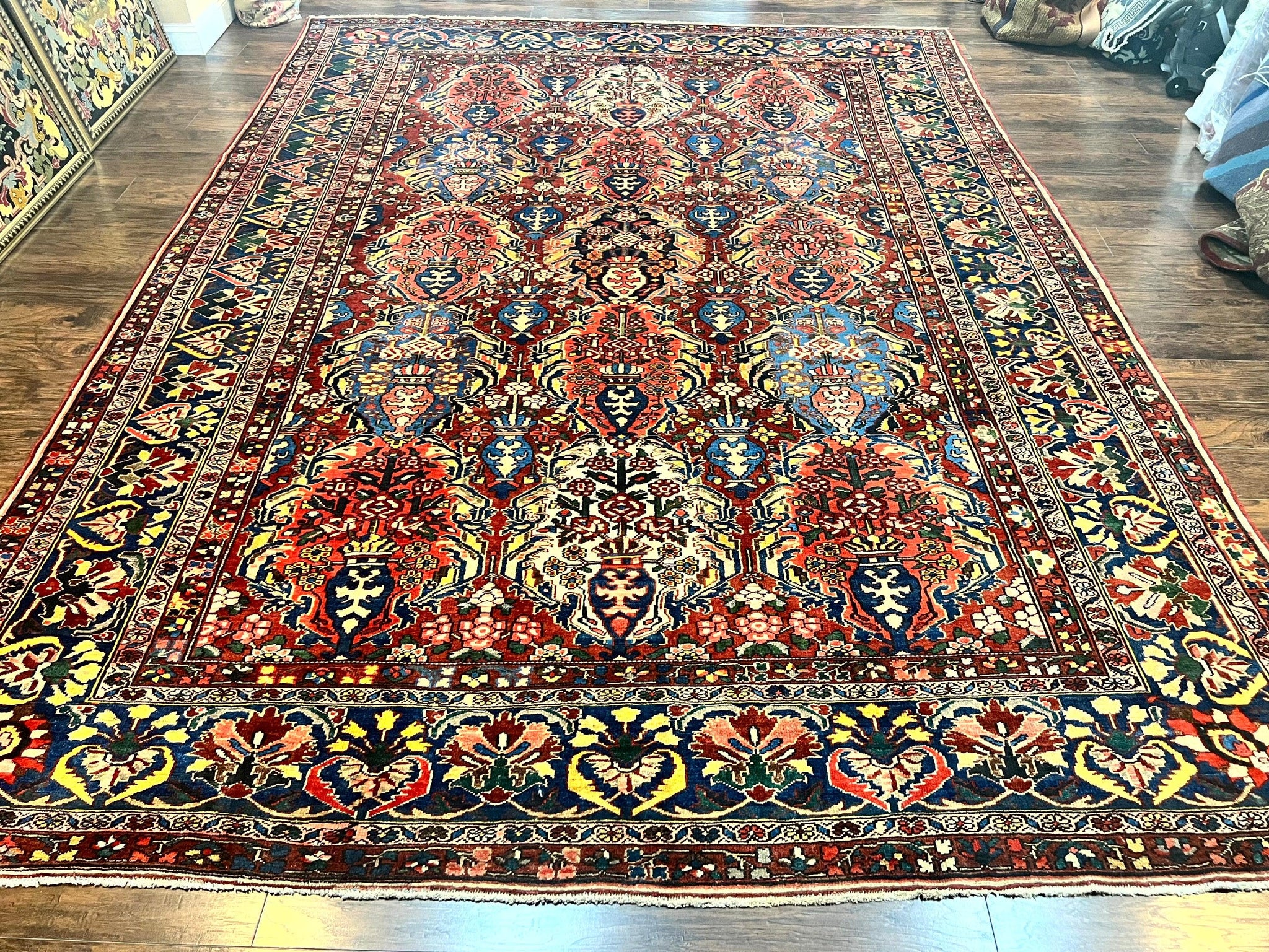 Large Persian Bakhtiari Rug 10x14, Rare Perisan Tribal Rug, Red Blue Ivory Multicolor, Hand Knotted, Semi Antique Carpet by Jewel Rugs