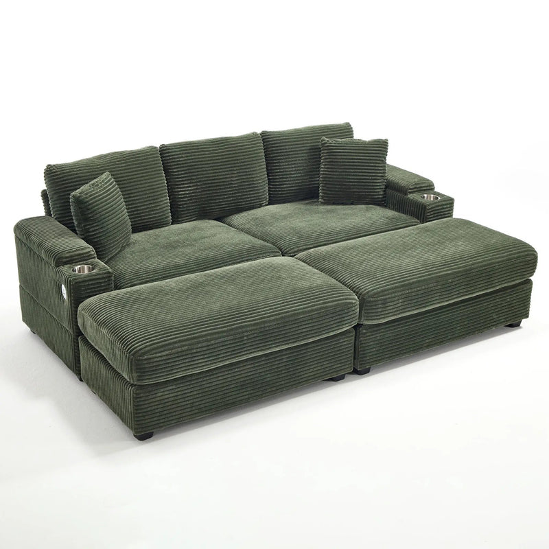 Convertible Sectional Sofa Bed Set With Armrest Storage, Cup Holder, USB, 4 Seater - Green by Unique Piece Furniture