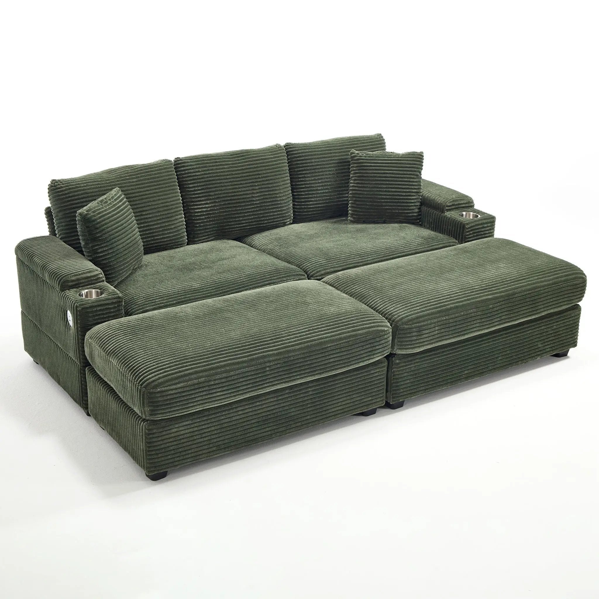 Convertible Sectional Sofa Bed Set With Armrest Storage, Cup Holder, USB, 4 Seater - Green by HouseOfZazla