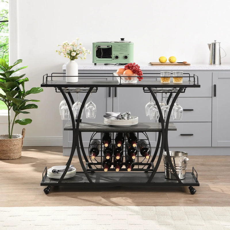 Industrial Bar Cart Kitchen Bar & Serving Cart For Home With Wheels 3 Tier Storage Shelves - Black / Gray by Unique Piece Furniture