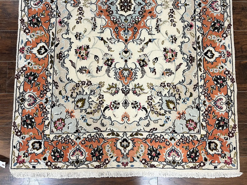 Persian Tabriz Rug 4.5 x 6.8, Finely Hand Knotted Wool with Silk Highlights Vintage Oriental Carpet, Cream and Salmon, High KPSI, Floral Medallion by Jewel Rugs