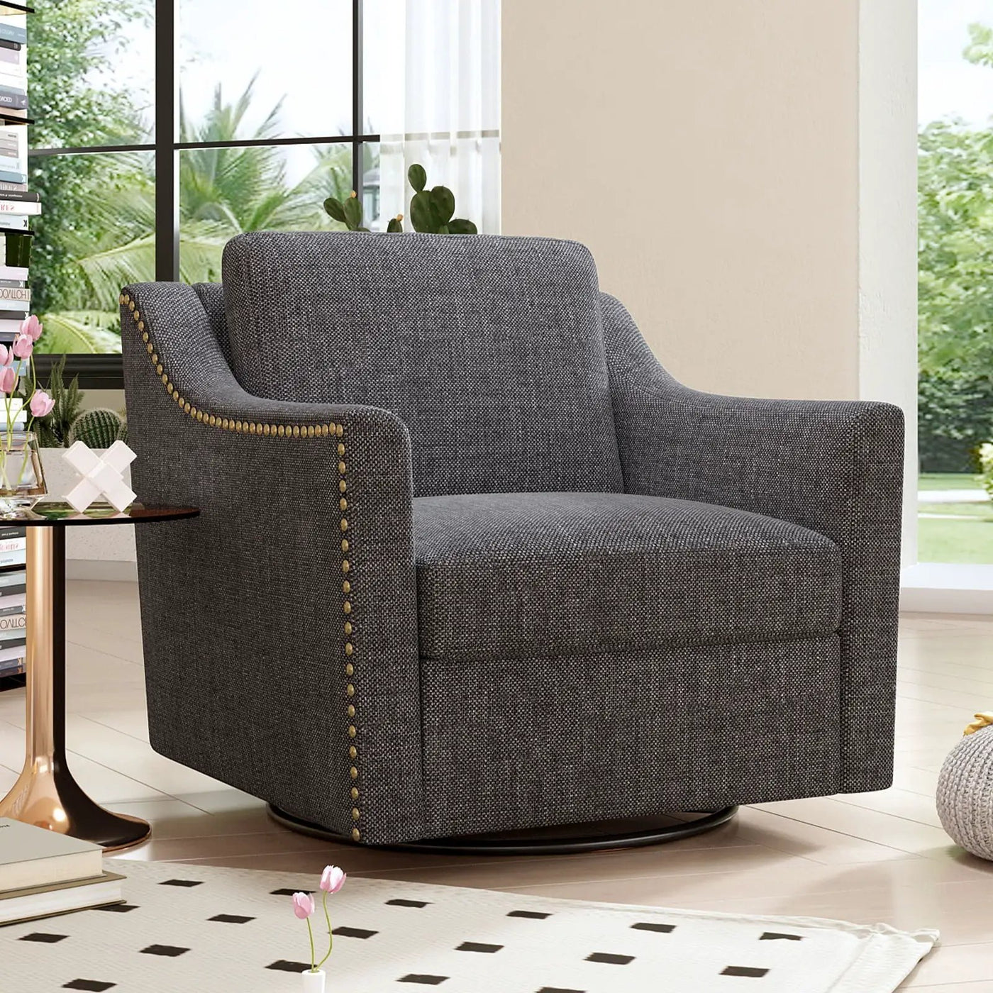 360 Degree Swivel Armchair, Skin Friendly Fabric, Ergonomic Design, Brass Nail Decorative Armchair by Unique Piece Furniture