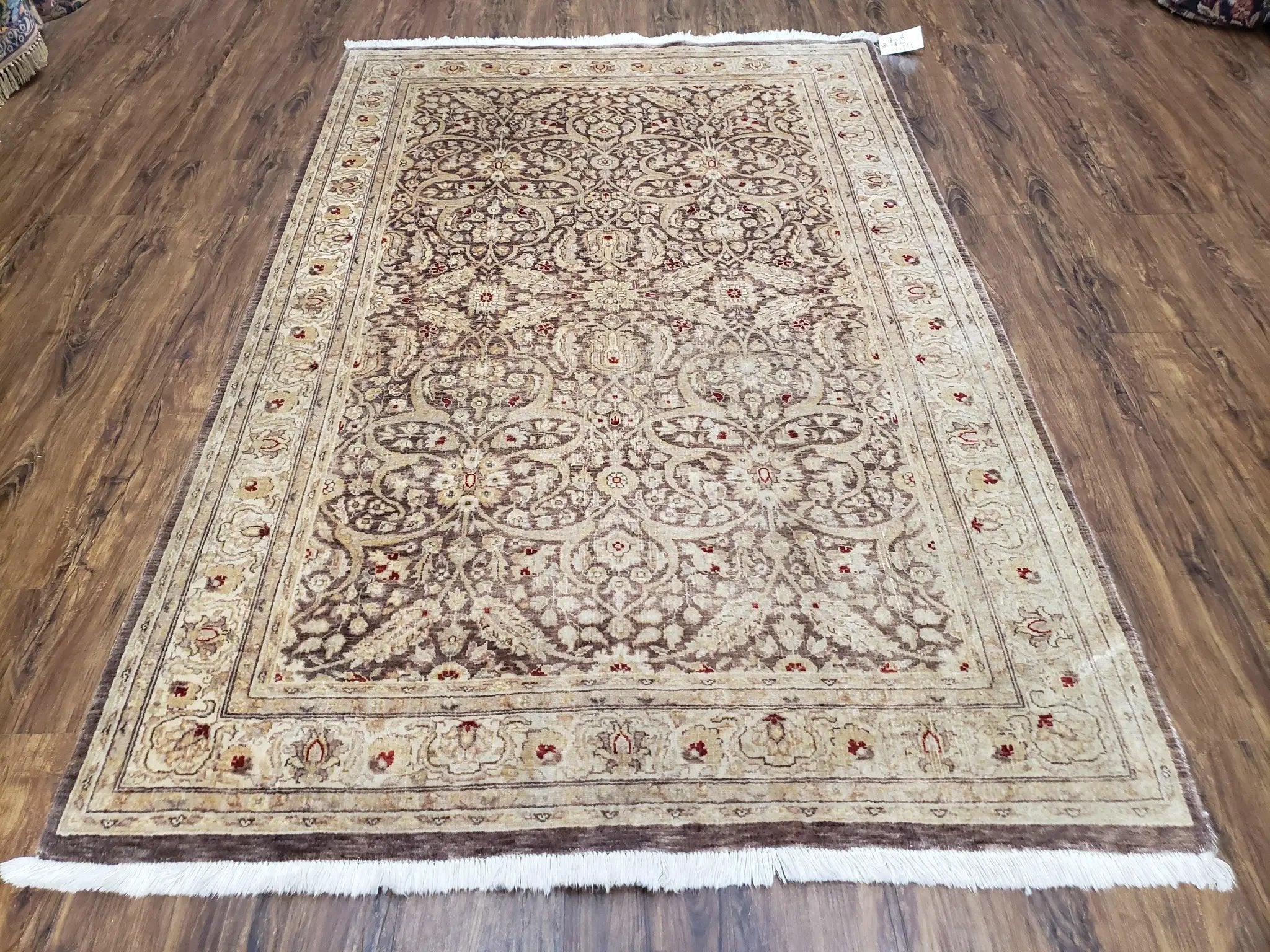 Vintage Pak-Persian Area Rug 4.7 x 7.2 Wool Hand-Knotted Beige & Brown