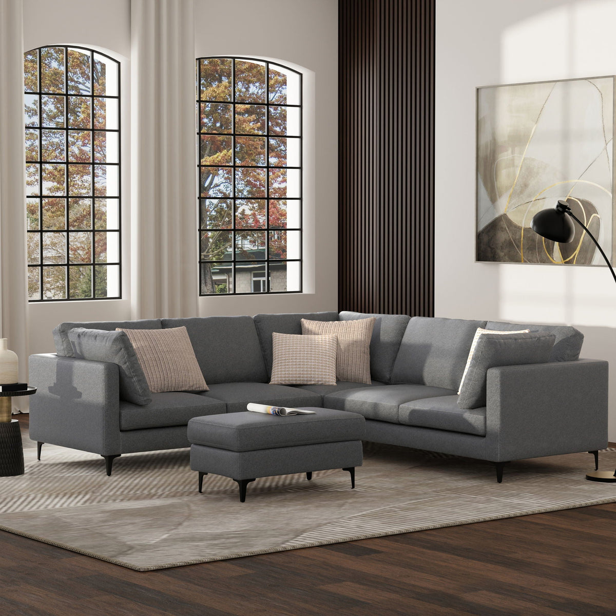 Mid Century Corner Sectional Sofa with Feather Cushions - Beige or Dark Gray, photo 6 of 15