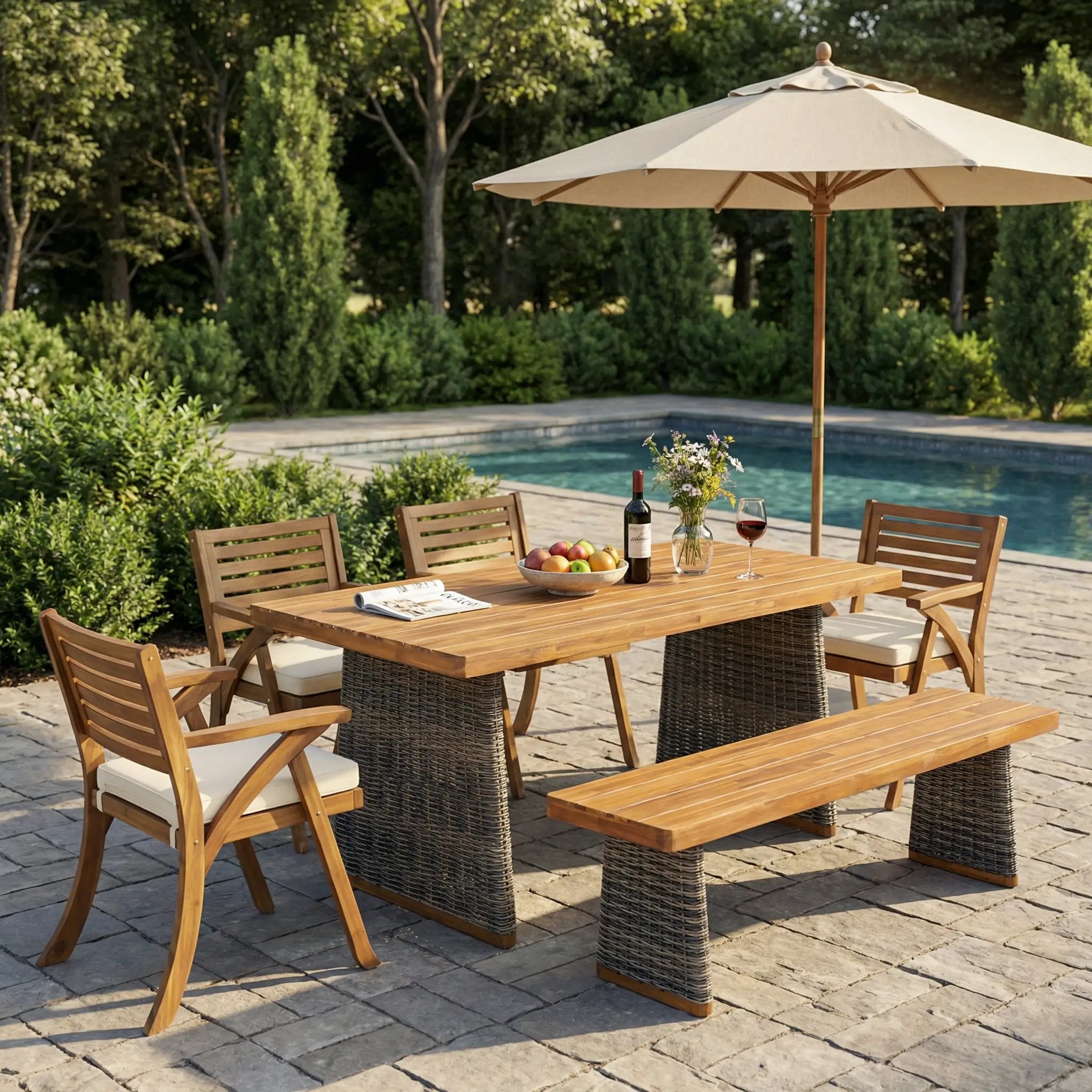 Outdoor 6 Pieces Acacia Wood Dining Set with Cushion and Handwoven Rattan Legs by HouseOfZazla
