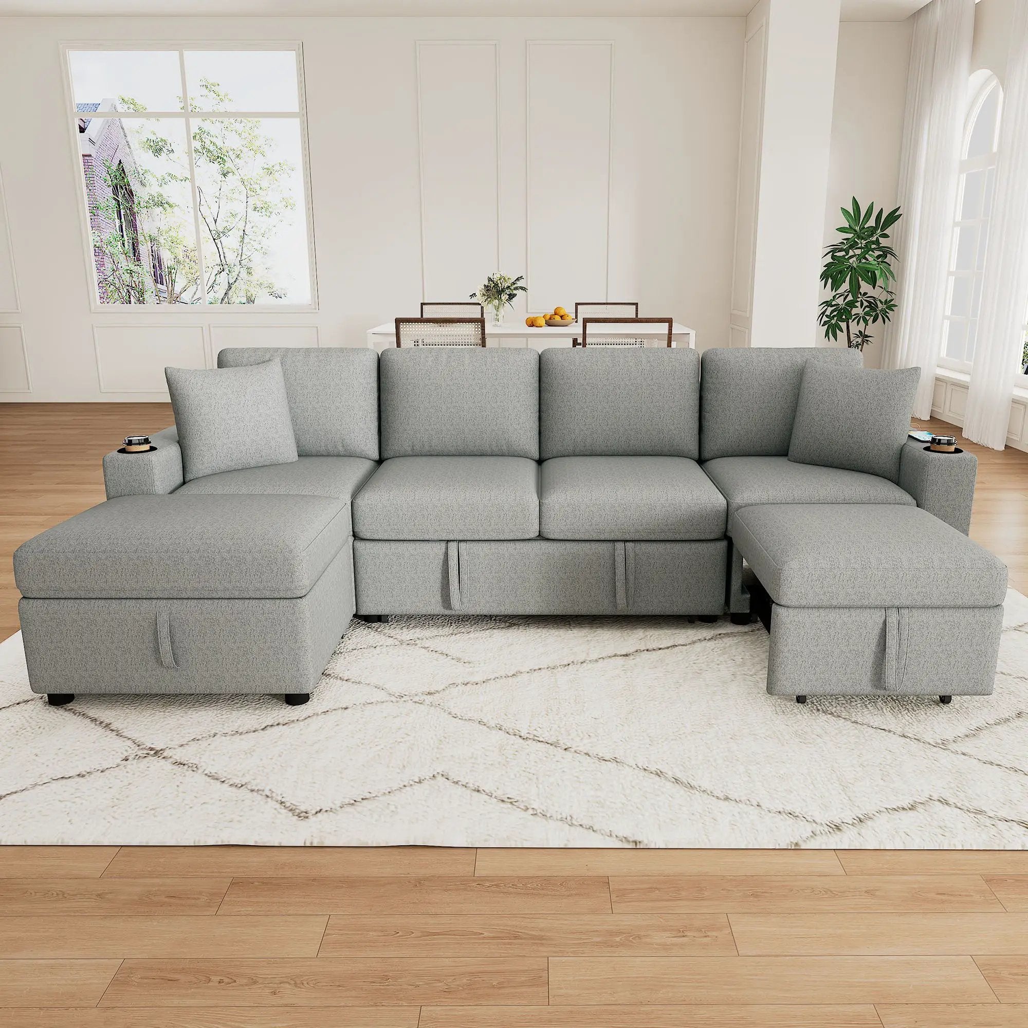 Sectional Sofa Convertible Pull-Out Bed With Storage Ottoman & USB Ports by Unique Piece Furniture