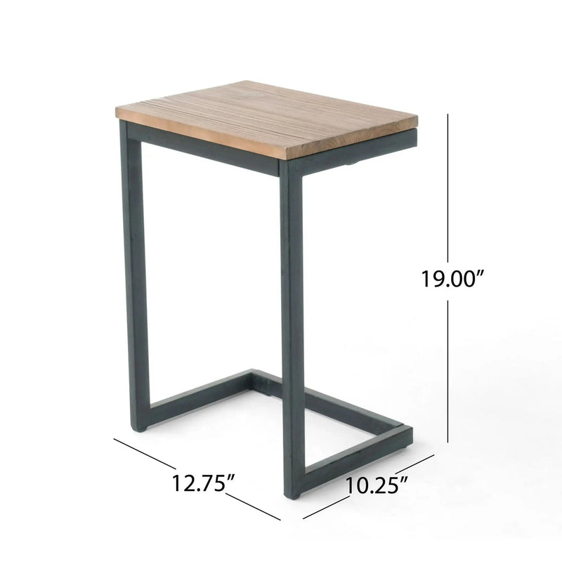 Small C Shaped End Table With Iron Base And Fir Wood Top - Black by HouseOfZazla