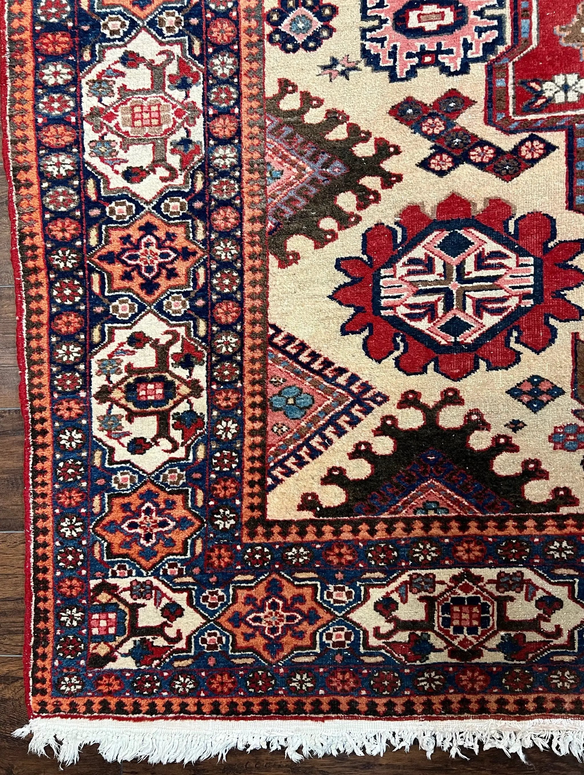 Antique Persian Heriz Rug 8x12 ft, Geometric Tribal Room Sized Carpet, Camel Hair Red Navy Blue, Wool Hand Knotted Medallion Oriental Carpet by Jewel Rugs