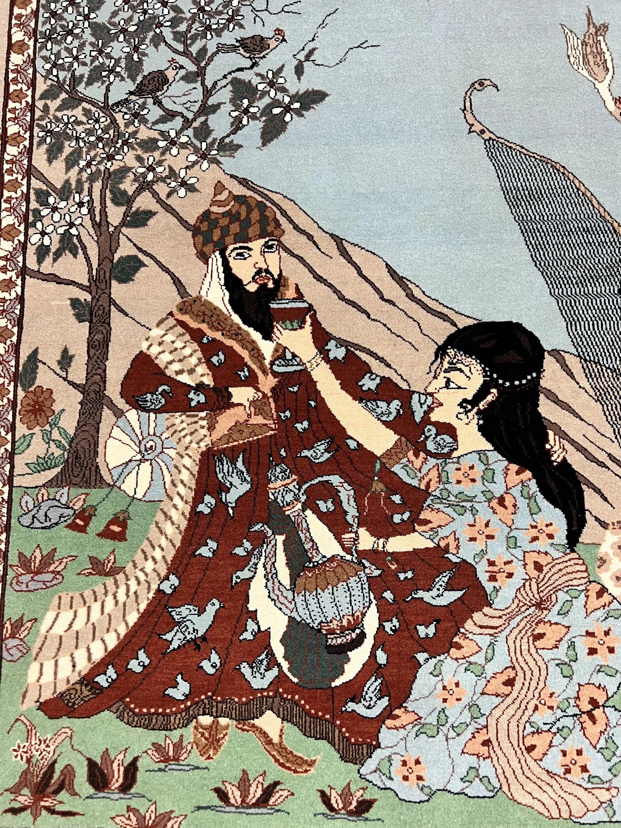 Indo Persian Pictorial Rug 4x7, Handmade Hand Knotted Wool Semi Antique Horizontal Carpet, Men & Women Drinking, Fine Rug, Bird Pictorials by Jewel Rugs