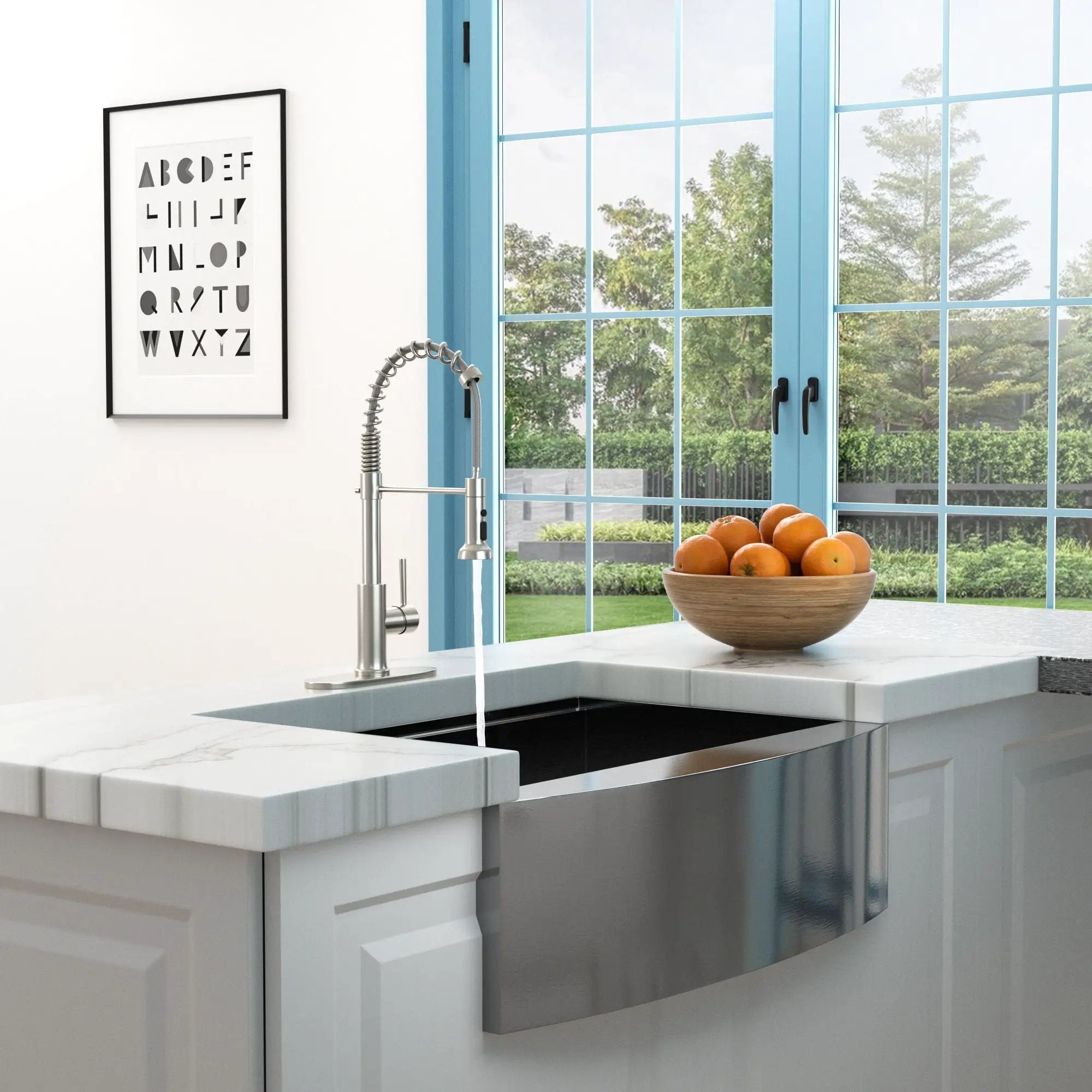 21" Commercial Kitchen Faucet With Dual Function Pull Down Sprayhead In, Stainless Steel - Brushed Nickel