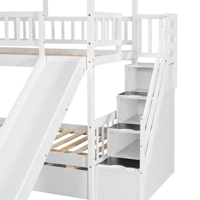 House Bunk Bed With Trundle, Storage Staircase, Roof And Window Design by HouseOfZazla