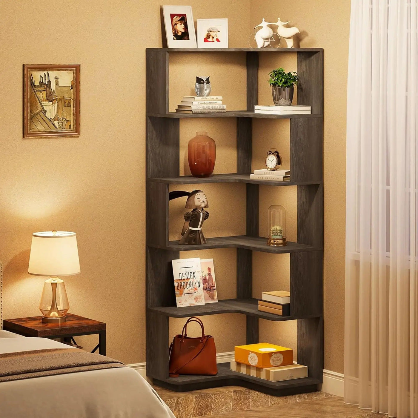 6 Tier Corner Bookshelf, L-Shaped Freestanding Shelf With Anti Drop Panels by HouseOfZazla
