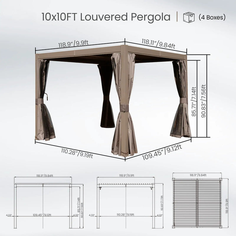 10x10 FT Outdoor Louvered Pergola with Adjustable Louvers - Brown by HouseOfZazla