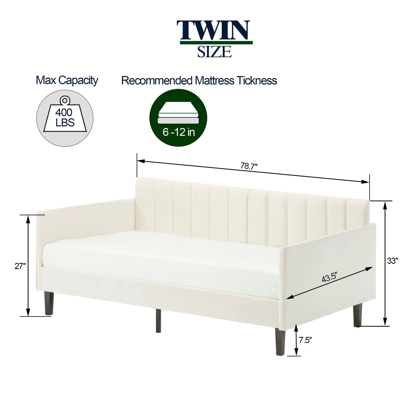 Elena - Boucle Upholstered Daybed, Ribbed Tufted Backrest by HouseOfZazla