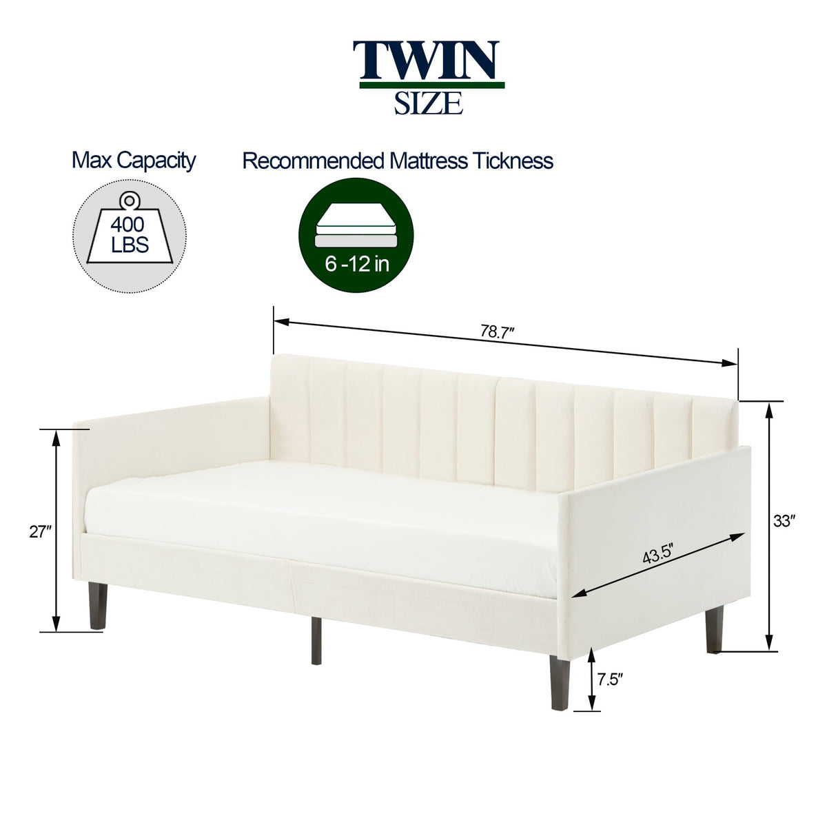Boucle Upholstered Daybed with Ribbed Tufted Backrest - Twin, photo 5 of 26