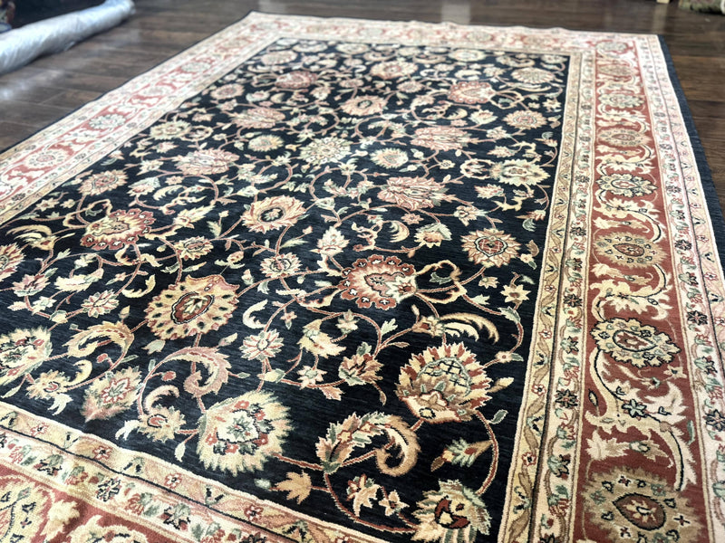 Vintage Oriental Rug 8x11, Floral Persian Design Carpet, Turkish Power Loomed Rug, Navy Blue Red Cream by Jewel Rugs