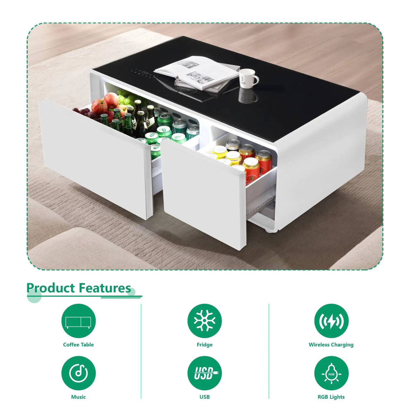 Modern Smart Coffee Table With Built-In Fridge - tooth Speaker, Wireless Charging, Touch Control Panel, USB Interface, Outlet Protection, Atmosphere Light by HouseOfZazla