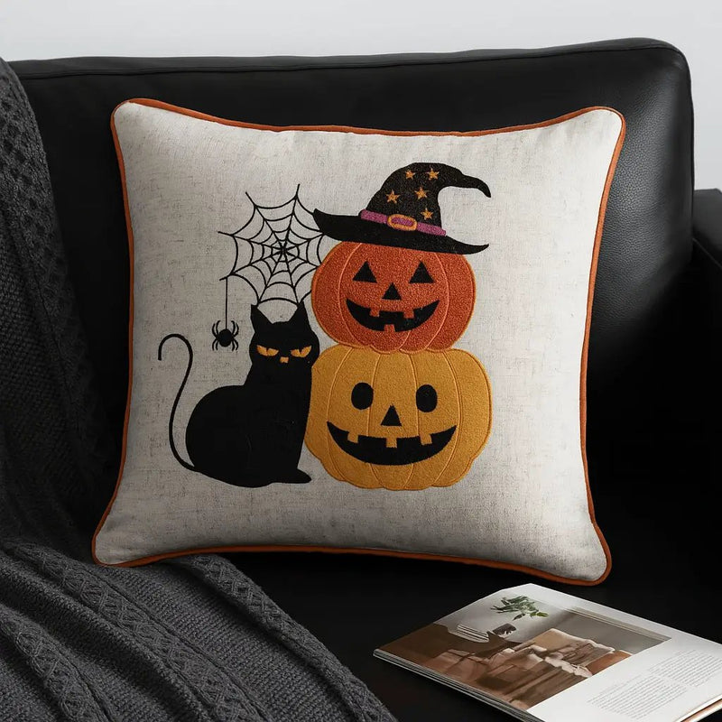 Embroidered Halloween Cat & Pumpkin Throw Pillow by HouseOfZazla