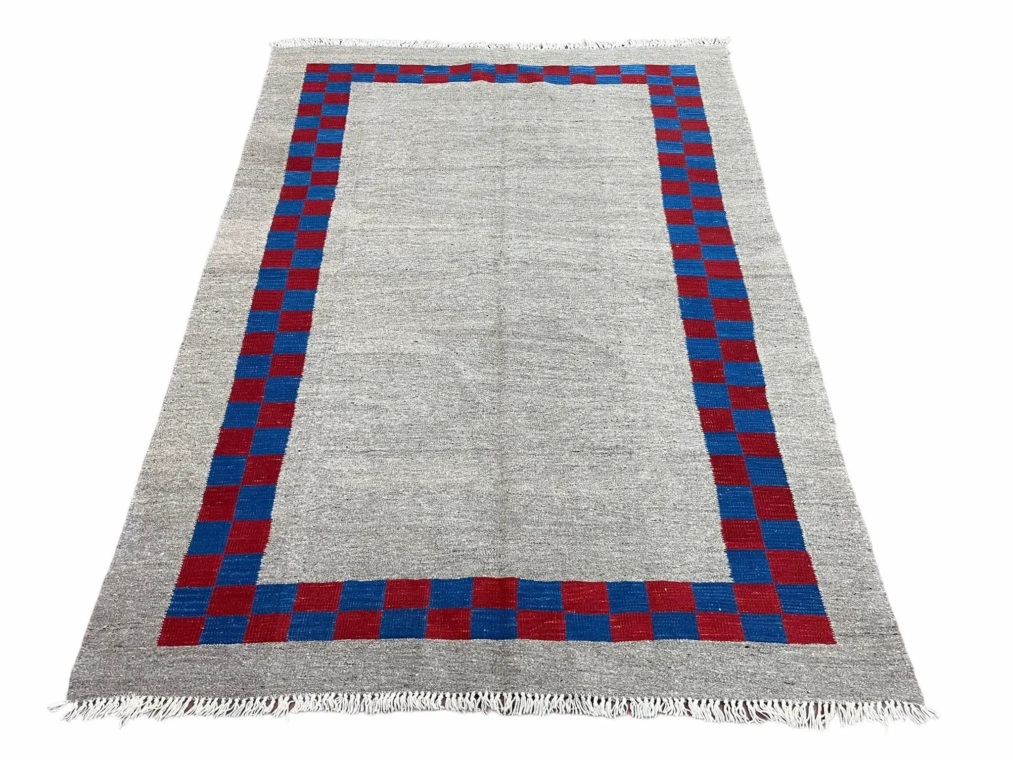 Gray Turkish Kilim Carpet 5' 7" x 7' 7", Medium Kilim Rug, Hand-Knotted, Blue & Red Border, Minimalistic Design, Geometric, Wool, New by Jewel Rugs