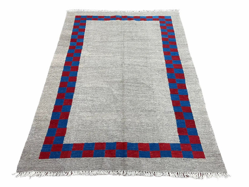 Gray Turkish Kilim Carpet 5' 7" x 7' 7", Medium Kilim Rug, Hand-Knotted, Blue & Red Border, Minimalistic Design, Geometric, Wool, New by Jewel Rugs